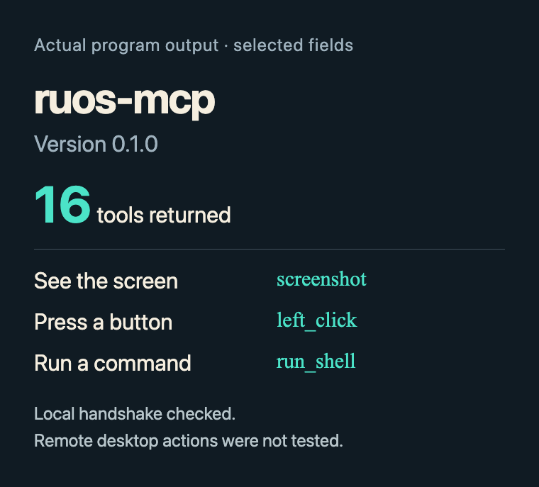 Actual ruos-mcp version0.1.0 returned16 tools, including screenshot,left_click,and run_shell.